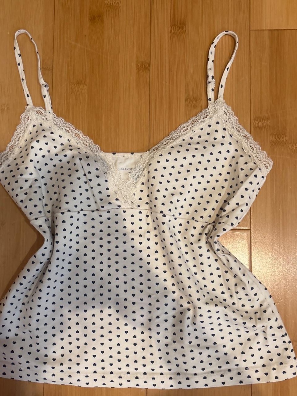 Brandy Melville Cream Cami with Navy Heart Print and Lace Trim